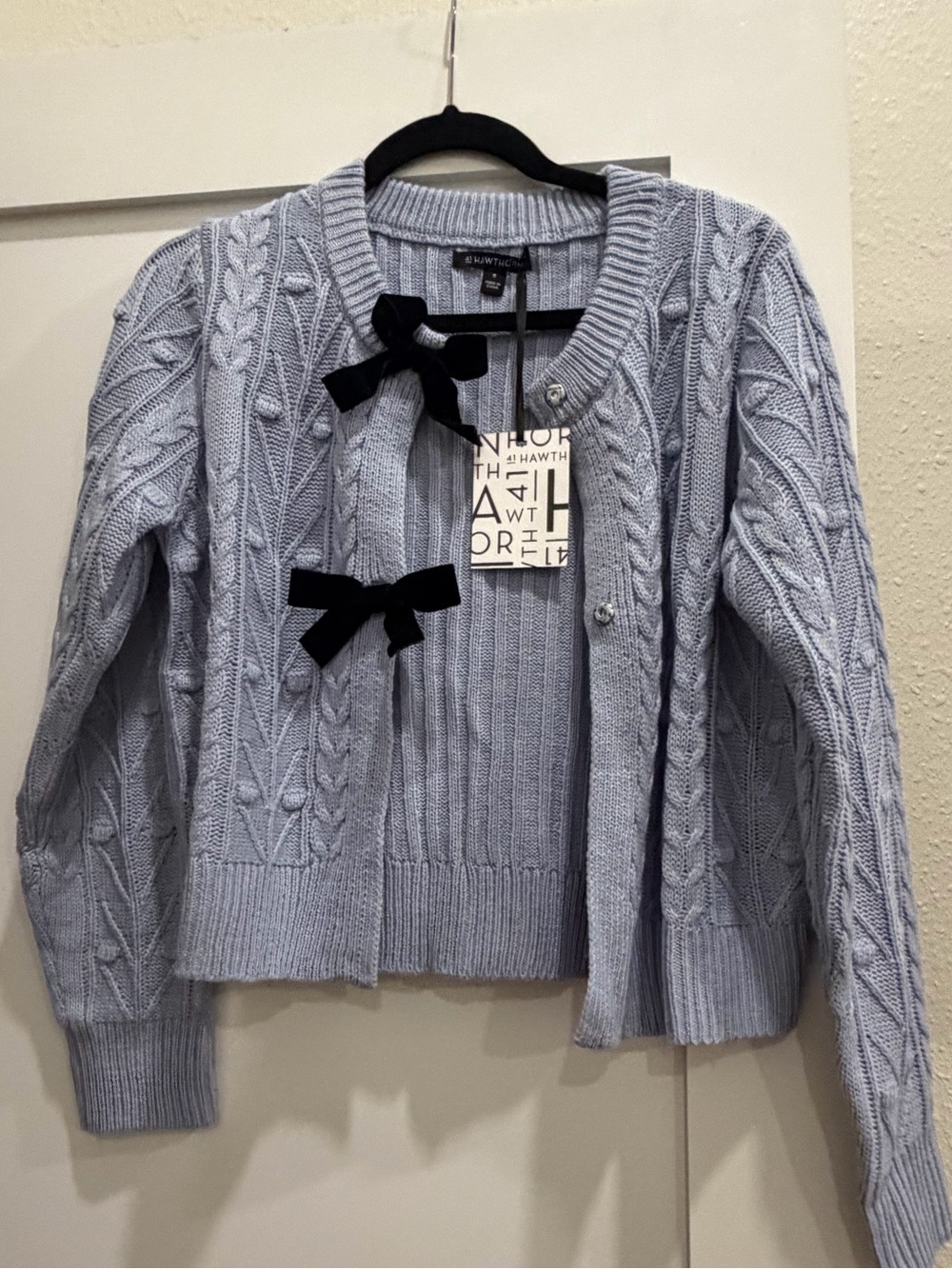 41 Hawthorn Light Blue Cable-Knit Cardigan Sweater with Velvet Bows
